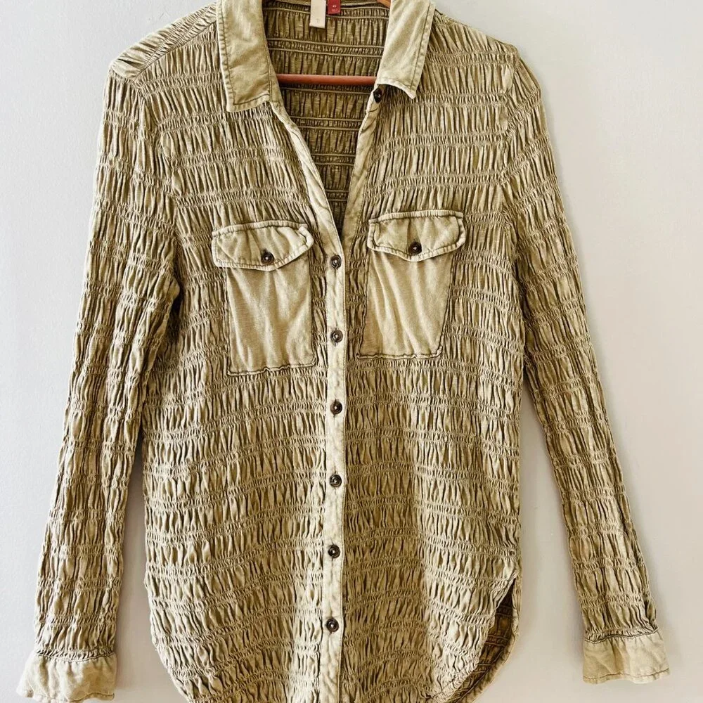 Anthropologie Pilcro XS - S Green Olive Stretch Smocked Shacket Pockets‎ Button